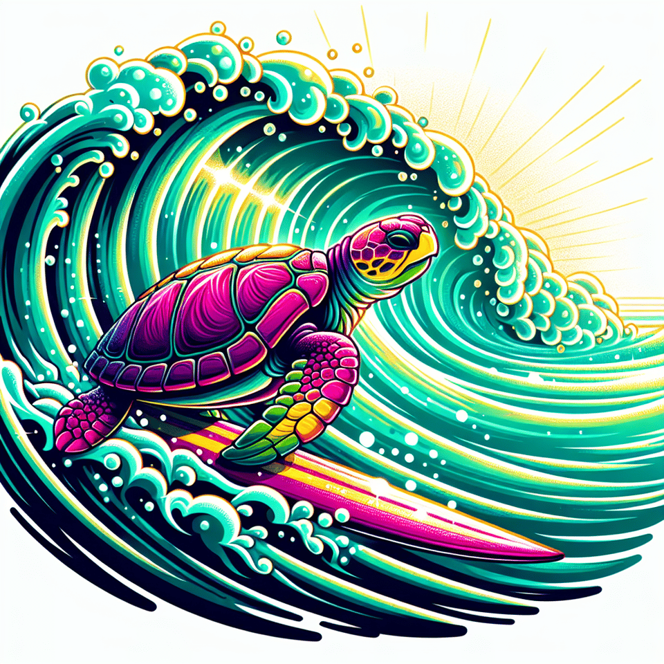 Una tortuga multicolor sobre una tabla de surf surfeando una ola en un mar de Color calipso y turquesa , illustration text effect image