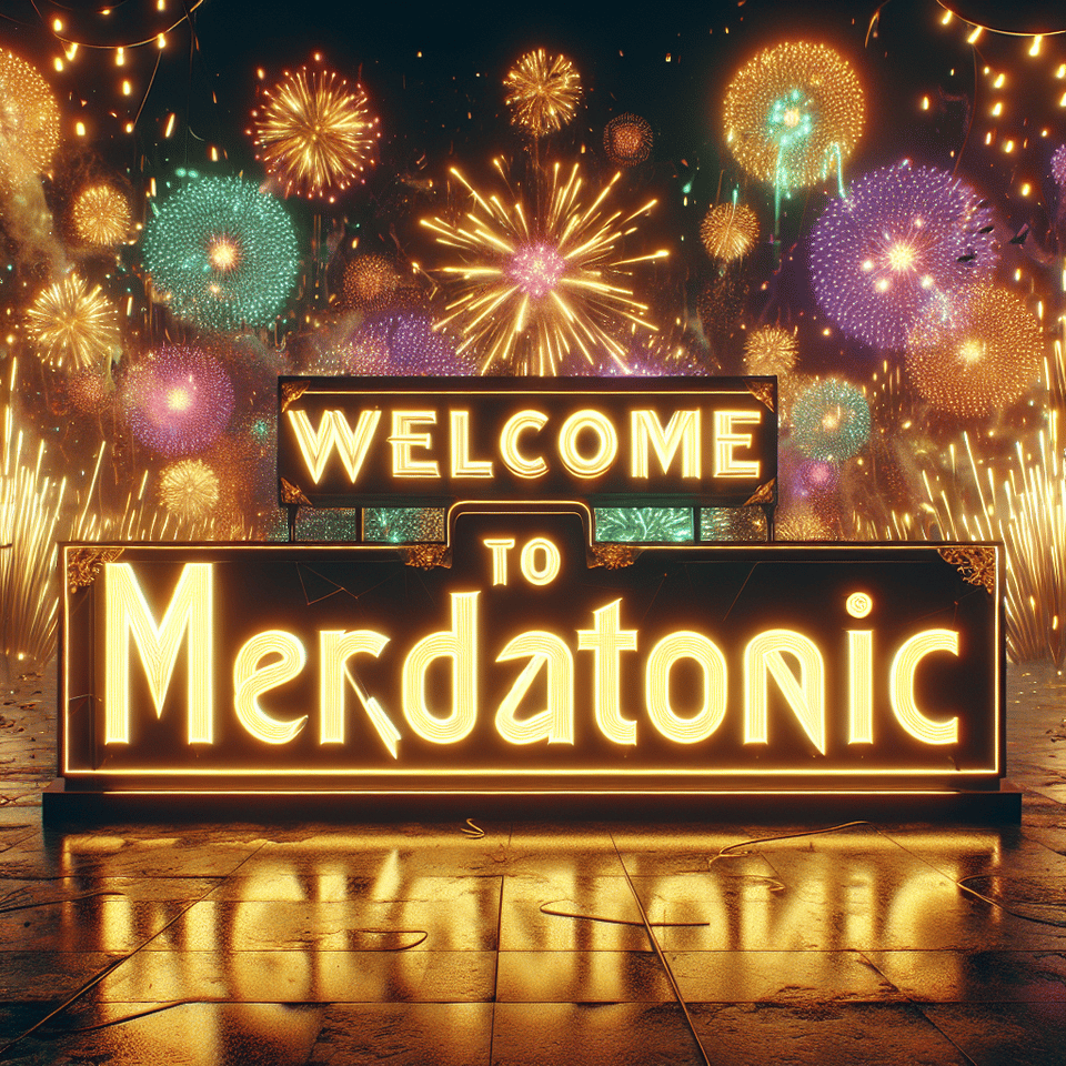 large text WELCOME TO MERDATONIC elegant letters in golden neon, background with fireworks, glowing MERDATONIC, neon lights and party atmosphere, 3d rendering, 3d render, typography, photo, vibrant, dark fantasy, product, fashion text effect image