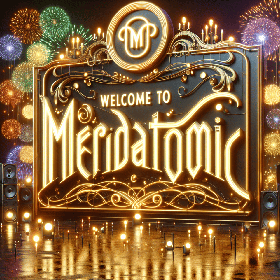 large text WELCOME TO MERDATONIC elegant letters in golden neon, background with fireworks, glowing MERDATONIC, neon lights and party atmosphere, 3d rendering, 3d render, typography, photo, vibrant, dark fantasy, product, fashion text effect image