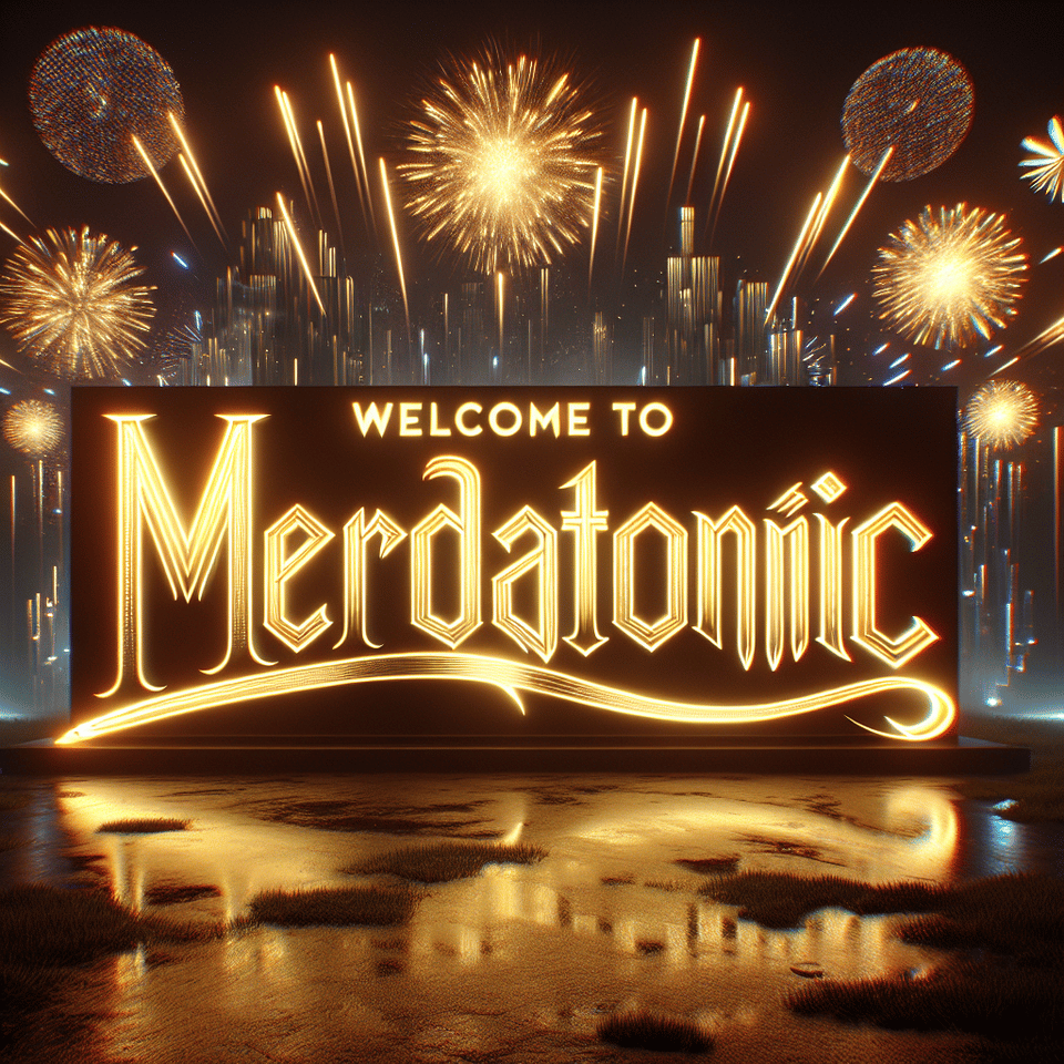 large text  WELCOME TO MERDATONIC elegant letters in golden neon, background with fireworks, glowing MERDATONIC, neon lights and party atmosphere, 3d rendering, mediatonic logo, 3d render, typography, photo, vibrant, dark fantasy, product, fashion text effect image