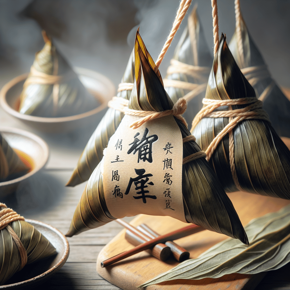 整串粽子帶有熱氣, 中間一張粽葉寫著端午節快樂 text effect image