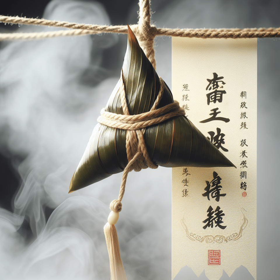 整串粽子帶有熱氣, 中間一張粽葉寫著端午節快樂 text effect image