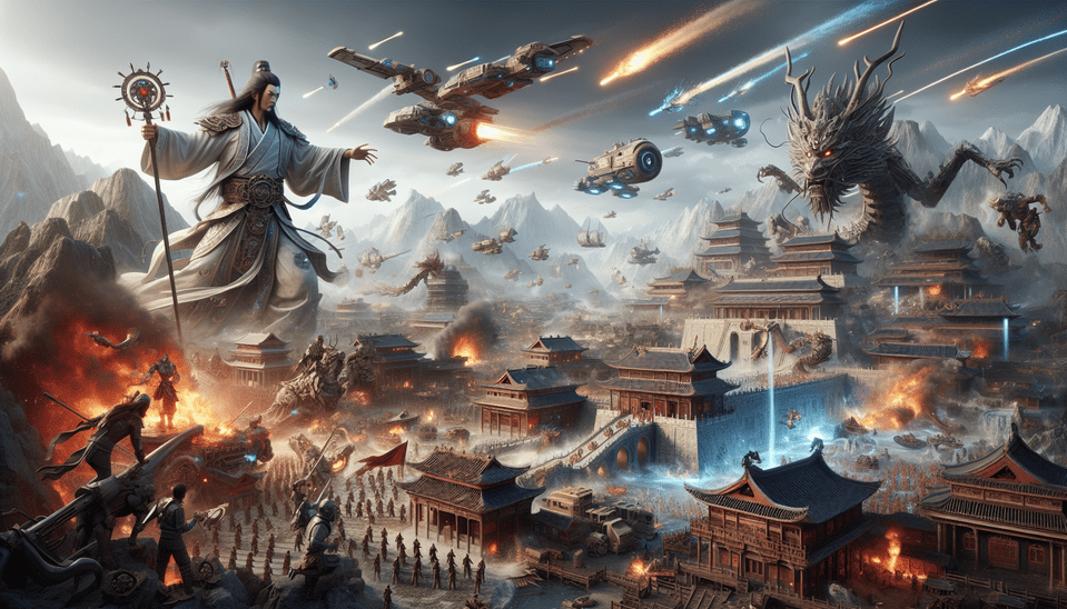 3D realistic Chinese xianxia scene where an Immortal Cultivator with a sword has destroyed an ancient fortress city shaped like a Chinese dragon. The city is being bombarded with magic cannons and laser guns, while Space Marines from the Imperium, with a mountain on their shell, are in the midst of the chaos. A mechanical dragon hovers nearby, and the Imperial Navy is engaged in an aerial battle with ancient Starcraft ships amidst fire and destruction., cinematic, illustration, 3d render text effect image