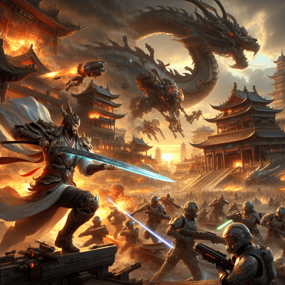 3D realistic Chinese xianxia scene where an Immortal Cultivator with a sword has destroyed an ancient fortress city shaped like a Chinese dragon. The city is being bombarded with magic cannons and laser guns, while Space Marines from the Imperium, with a mountain on their shell, are in the midst of the chaos. A mechanical dragon hovers nearby, and the Imperial Navy is engaged in an aerial battle with ancient Starcraft ships amidst fire and destruction., cinematic, illustration, 3d render, cinematic, illustration, 3d render text effect image