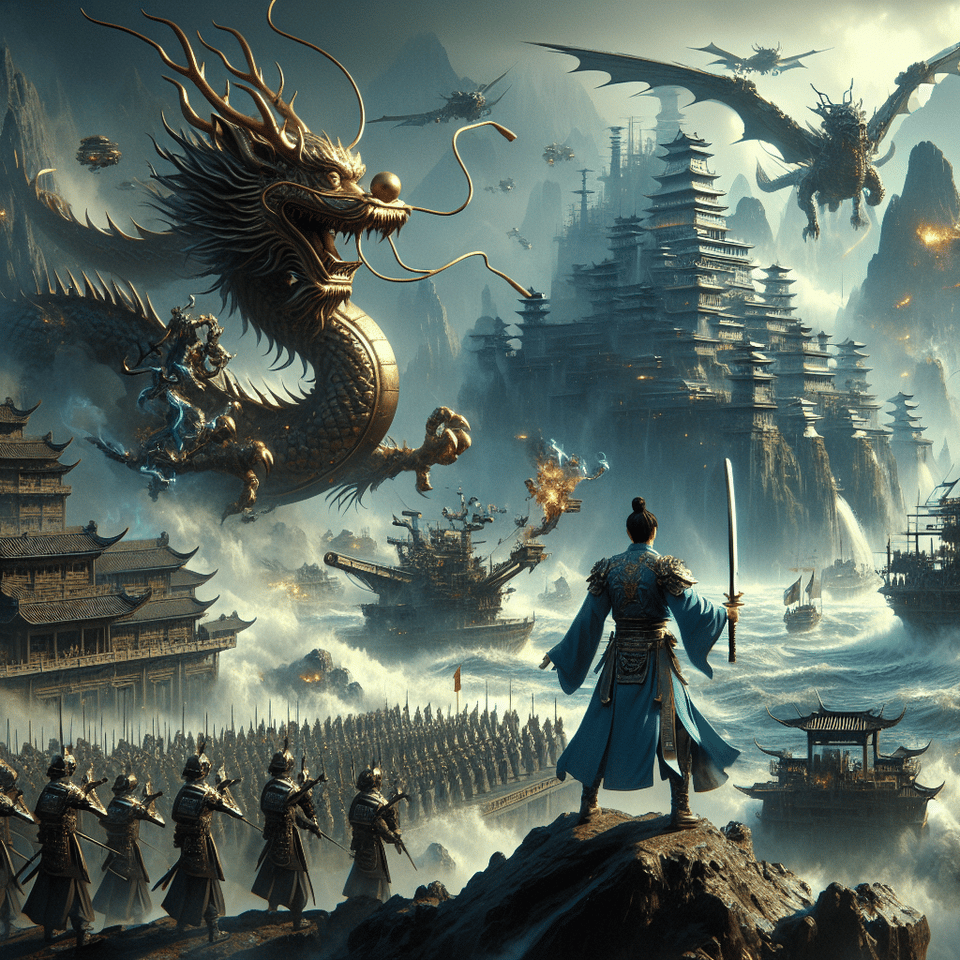 3D realistic Chinese xianxia scene where an Immortal Cultivator with a sword has destroyed an ancient fortress city shaped like a Chinese dragon. The city is being bombarded with magic cannons and laser guns, while Space Marines from the Imperium, with a mountain on their shell, are in the midst of the chaos. A mechanical dragon hovers nearby, and the Imperial Navy is engaged in an aerial battle with ancient Starcraft ships amidst fire and destruction., cinematic, illustration, 3d render, cinematic, illustration, 3d render, dark fantasy, conceptual art text effect image