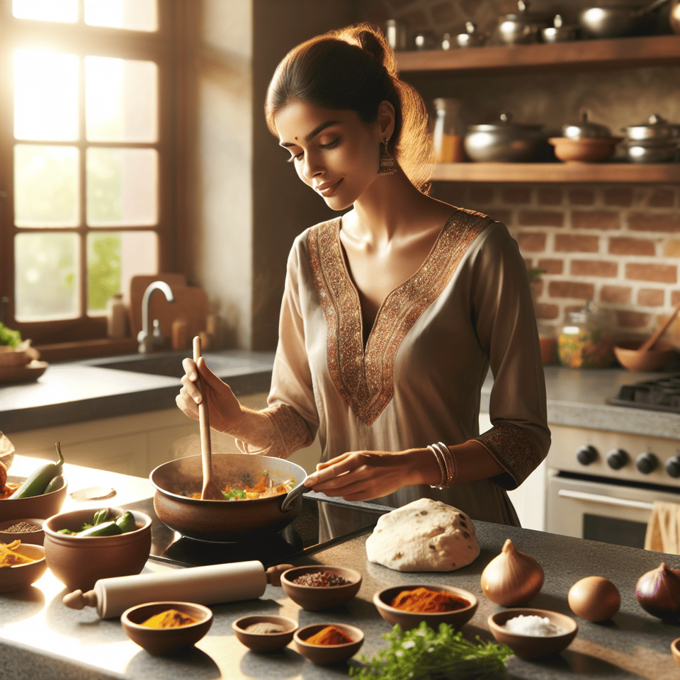 Indian woman cooking in the kitchen text effect image