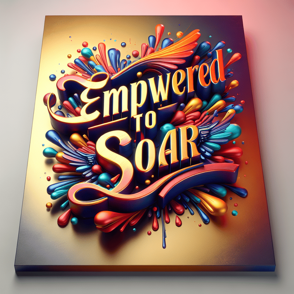 Text EMPOWERED TO SOAR colorful splash 3d text in gold, silver plate and background color, cinematic, typography, 3d render, poster text effect image