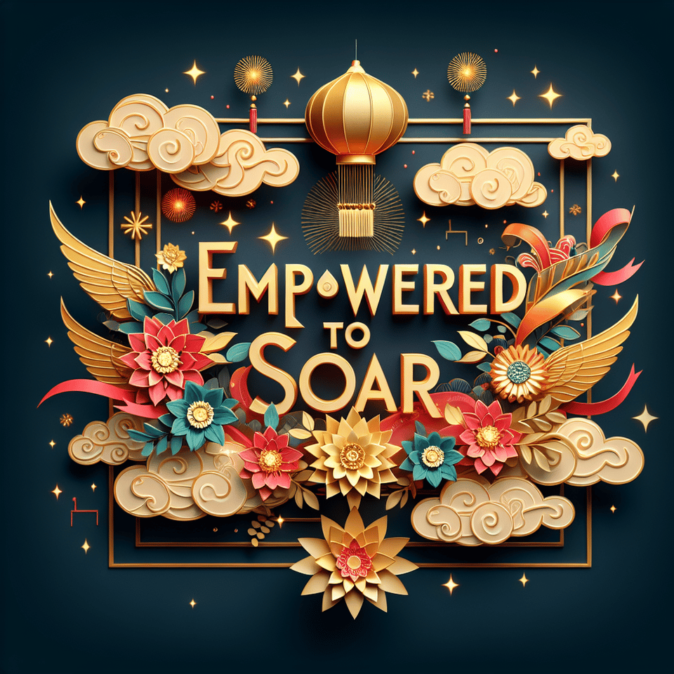 文字「EMPOWERED TO SOAR」豪華文字效果,中國剪紙風3D背景,金色與紅色細膩畫風,有雲彩,天燈,花朵,煙火,彩帶 text effect image