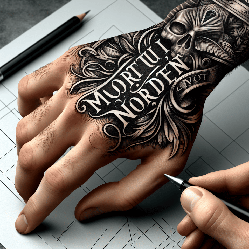 a hand tattoo design for a man with the words mortui non mordent text effect image