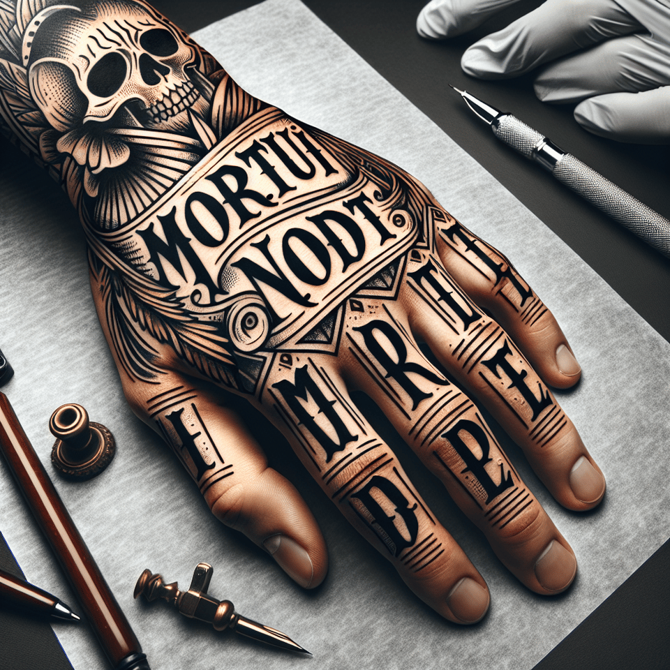 a hand tattoo design for a man only with the words mortui non mordent text effect image