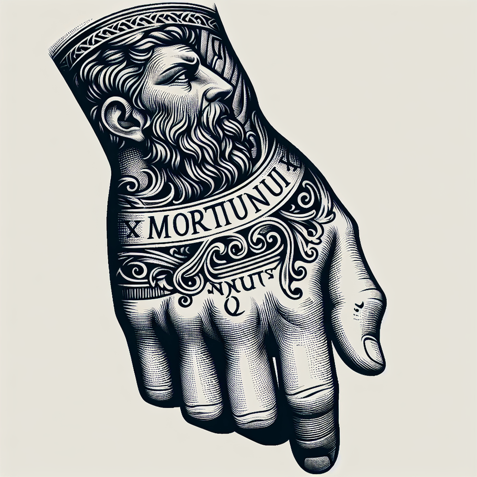 a hand tattoo design for a man only with the words mortui non mordent with latin style text effect image