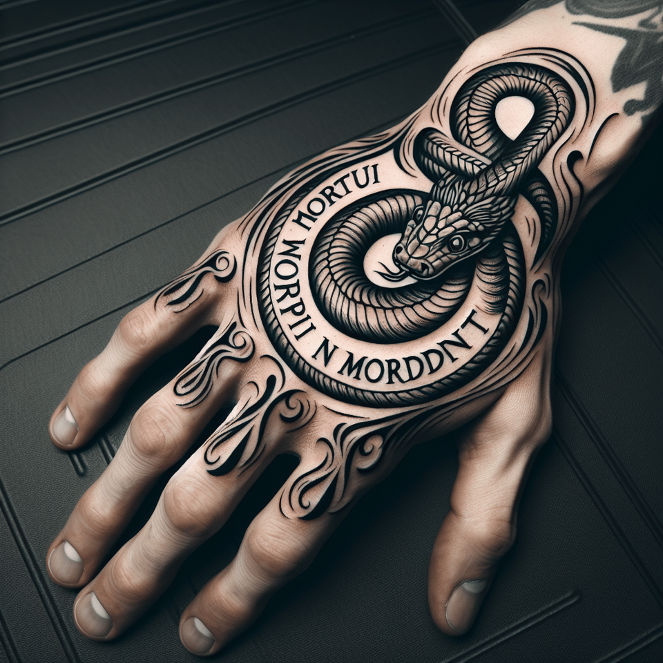 a hand tattoo design for a man only with the words mortui non mordent  inside to a snake that eats his tail text effect image