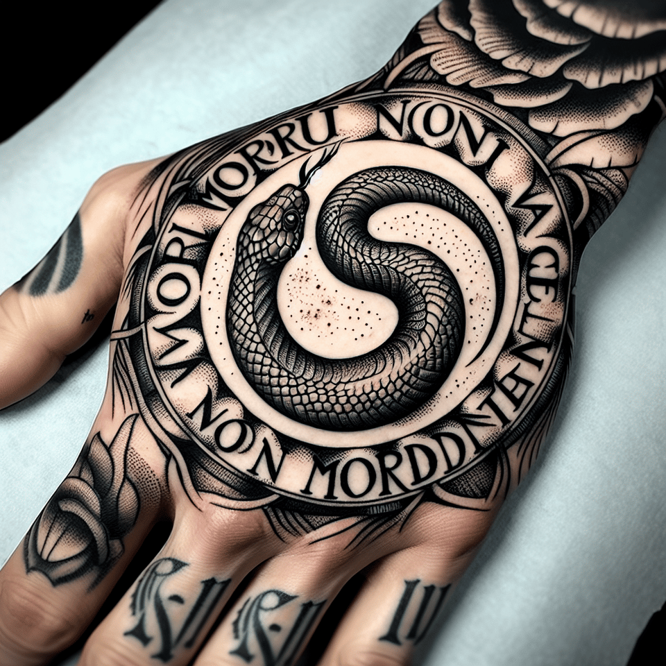 a hand tattoo design for a man only with the words mortui non mordent  inside to a snake in perfect circle that eats his tail text effect image
