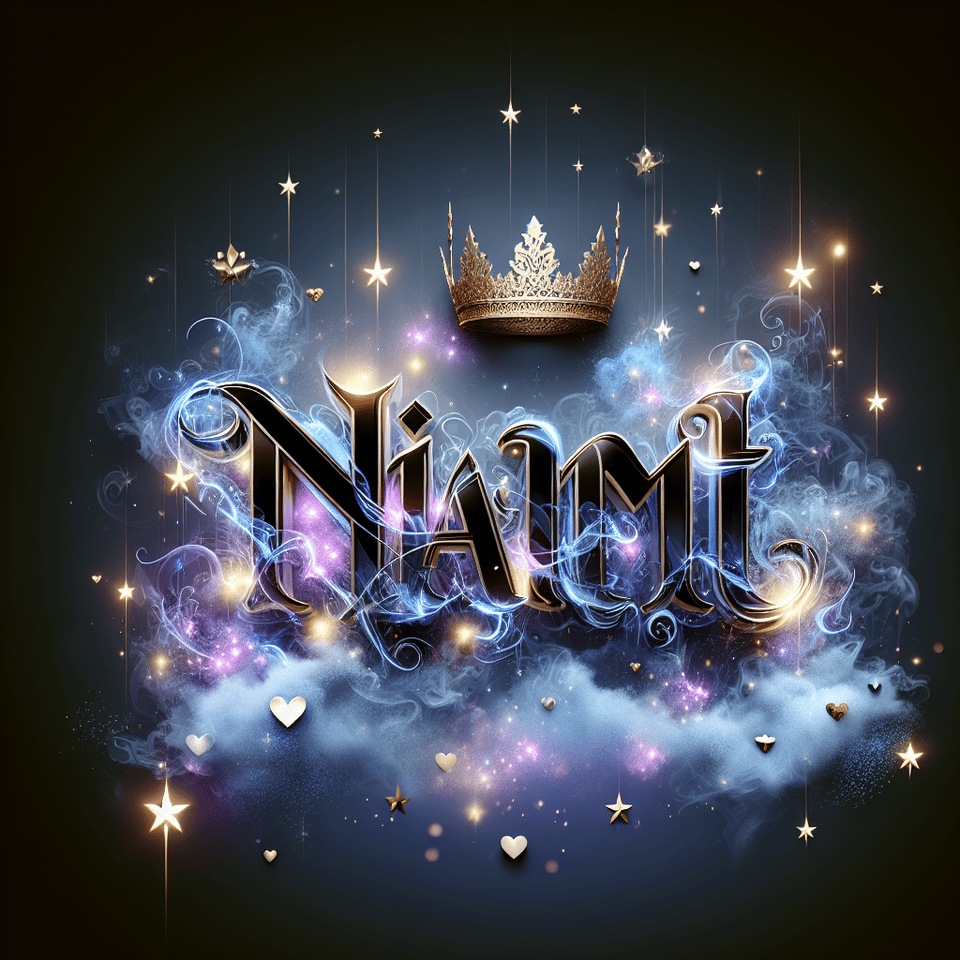 The name NIAMT ALI with smoke lightning stars IN DIFFERENT SHADES OF BLUE and purple metalic and a golden crown,small hearts text effect image