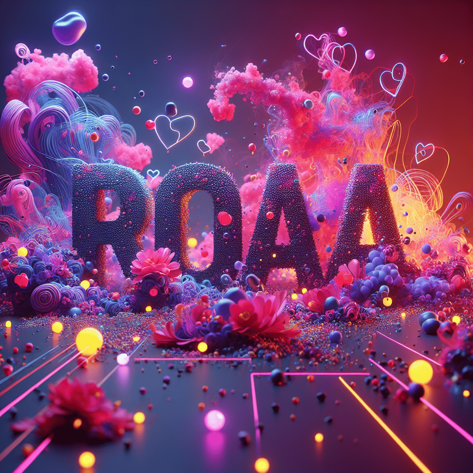 Name Roaa written on the background, small colorful touches of 3D paint and with colorful flowers and pink and purple smoke included. Everything in front with hearts in neon, 3D rendering, 3k, 3d render text effect image