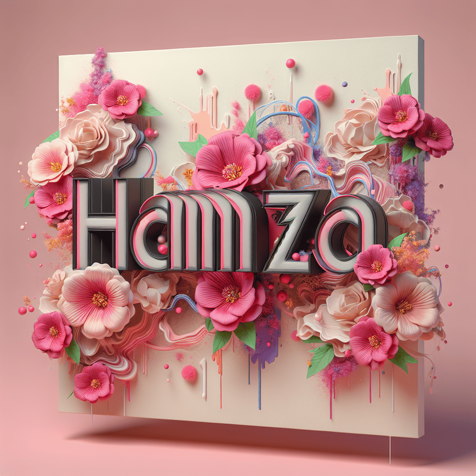 is born,The name Hamza is written on the background, small colorful touches of 3D paint with colorful and pink flowers, 3d render, cinematic, illustration, typography, photo, poster, painting, fashion, anime text effect image