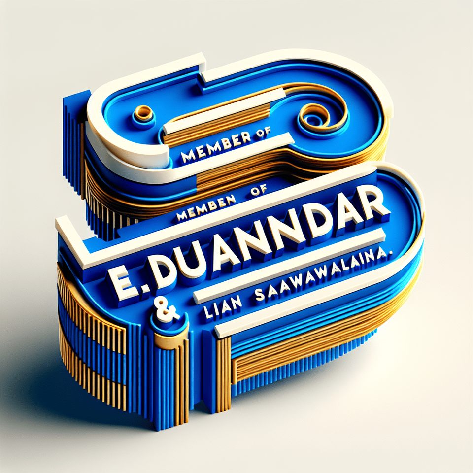 Rendering 3D teks Member of Family E. Djuhandar & Lien Sawalina. dengan font terang besar berwarna biru kobalt dan putih dengan garis emas terukir di setiap huruf. text effect image