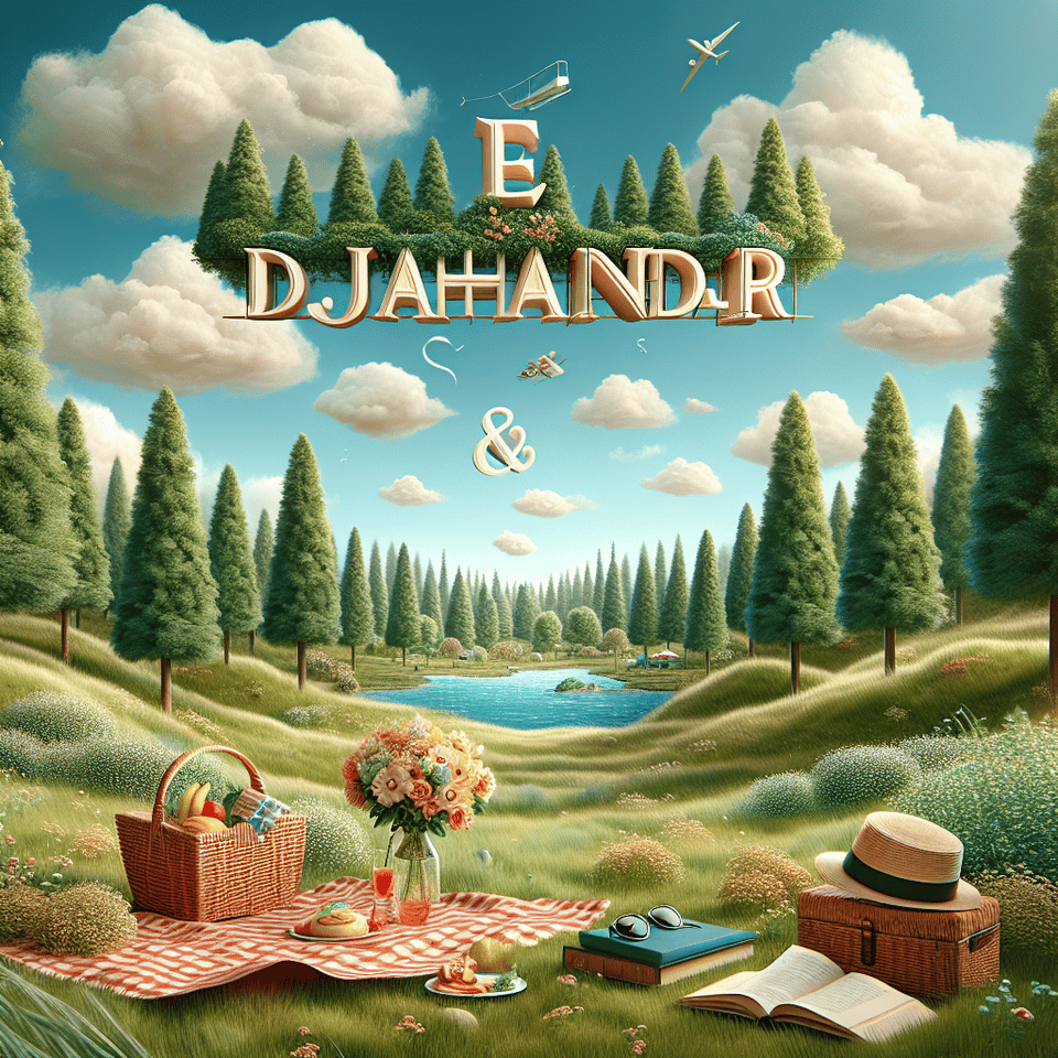 rendering text  E.  Djuhandar & Lien Sawalina dengan suasana alam piknik dan liburan text effect image