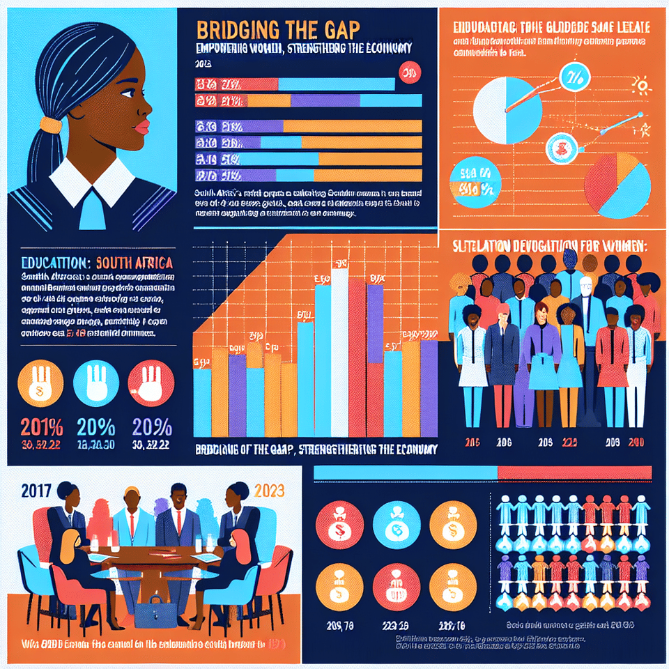 Title: Bridging the Gap: Empowering Women, Strengthening the Economy (2023),Visuals:,• Top Left: Two bar graphs (side-by-side) can show: ,o Left Bar Graph (Blue): Number of employed women in South Africa (2017(29%), 2018(29,5%), 2019(31,3%), 2020(34,3%), 2021(38,2%), 2022(35,5%) - Data source: Stats SA,o Right Bar Graph (Orange): Number of employed men in South Africa (2017(24,8%), 2018(25,1%), 2019(27,2%), 2020(31%),2021(32,8%), 2022(30,4%) - Data source: Stats SA,• Top Right: An illustration of a woman confidently leading a team meeting at a table with diverse colleagues.,• Bottom Left: A line graph can show the trend of South Africa's GDP (2017-2022) 1,1579, 1,1579, 0,26, -5,96, 4,7 and 1,91, with a clear upward projection if gender equality is achieved by 2030. ,• Bottom Right: A collage of icons representing various measures: ,o Educational attainment for girls,o Affordable childcare options,o Skills development programs for women,o Legislation promoting equal pay and parental leave,Text:,• Headline: South Africa's full economic potential is locked away: Gender inequality costs billions!,• Body Text (Left): ,o The gender gap in employment limits women's economic participation and national growth.,o Closing the gap can add billions to South Africa's GDP by 2030 (Source: UN Women).,• Body Text (Right): ,o Invest in girls' education and skills development.,o Provide affordable childcare to unlock women's potential.,o Promote equal pay and parental leave for gender equality in the workplace.,o By 2030, let's achieve SDG 5: Gender Equality!,,, poster text effect image