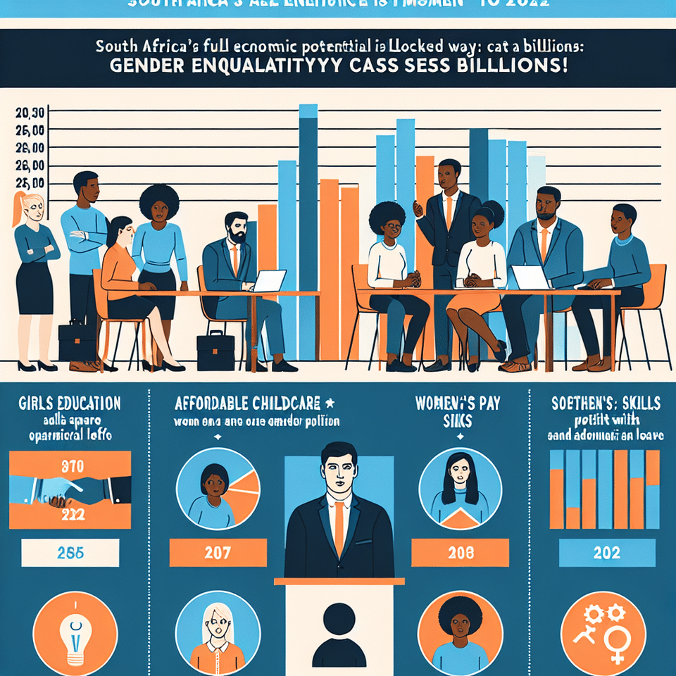 Title: Bridging the Gap: Empowering Women, Strengthening the Economy (2023),Visuals:,•	Top Left: Two bar graphs (side-by-side) can show: ,o	Left Bar Graph (Blue): Number of employed women in South Africa (2017(29%), 2018(29,5%), 2019(31,3%), 2020(34,3%), 2021(38,2%), 2022(35,5%) - Data source: Stats SA,o	Right Bar Graph (Orange): Number of employed men in South Africa (2017(24,8%), 2018(25,1%), 2019(27,2%), 2020(31%),2021(32,8%), 2022(30,4%) - Data source: Stats SA,•	Top Right: An illustration of a woman confidently leading a team meeting at a table with diverse colleagues.,•	Bottom Left: A line graph can show the trend of South Africa's GDP (2017-2022) 1,1579, 1,1579, 0,26, -5,96, 4,7 and 1,91, with a clear upward projection if gender equality is achieved by 2030. ,•	Bottom Right: A collage of icons representing various measures: ,o	Educational attainment for girls,o	Affordable childcare options,o	Skills development programs for women,o	Legislation promoting equal pay and parental leave,Text:,•	Headline: South Africa's full economic potential is locked away: Gender inequality costs billions!,•	Body Text (Left): ,o	The gender gap in employment limits women's economic participation and national growth.,o	Closing the gap can add billions to South Africa's GDP by 2030 (Source: UN Women).,•	Body Text (Right): ,o	Invest in girls' education and skills development.,o	Provide affordable childcare to unlock women's potential.,o	Promote equal pay and parental leave for gender equality in the workplace.,o	By 2030, let's achieve SDG 5: Gender Equality!,,, poster text effect image