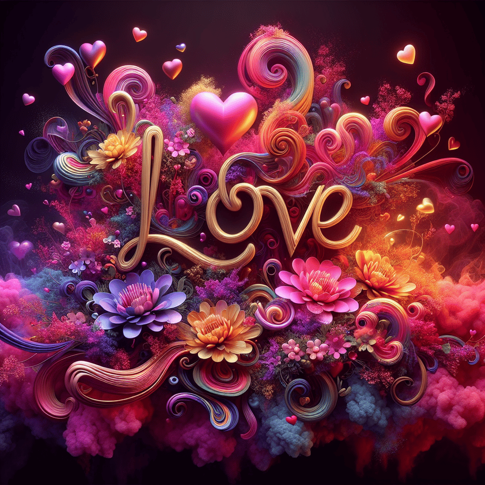 Name Love written on the background, small colorful touches of 3D paint and with colorful flowers and pink and purple smoke included. Everything in front with hearts in neon, 3D rendering, 3k, 3d render text effect image