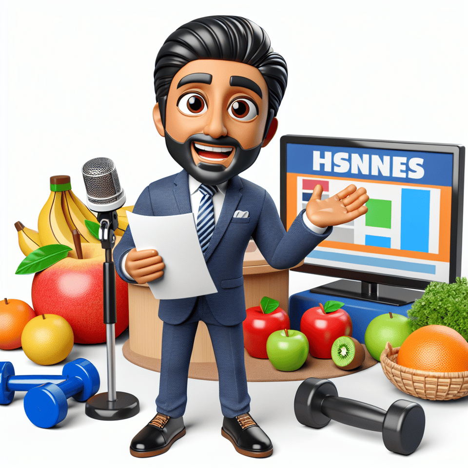 10. **Title: Health Highlights**, - Prompt: Generate an image of a 3D cartoon newsman discussing health and wellness tips, surrounded by animated fruits and exercise equipment, as he inspires viewers to live healthier lives.,, 3d render text effect image