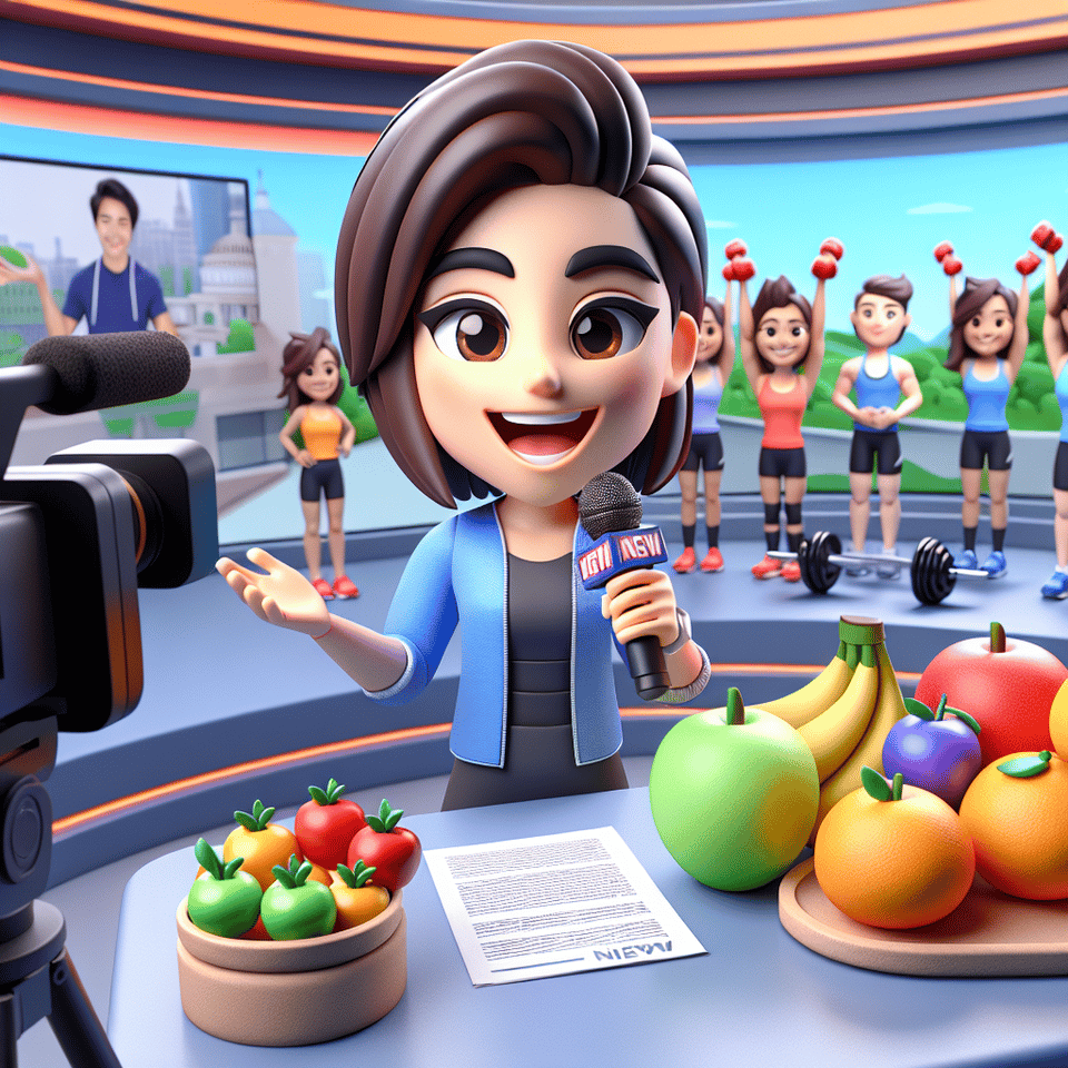 10. **Title: Health Highlights**,    - Prompt: Generate an image of a 3D cartoon newsman discussing health and wellness tips, surrounded by animated fruits and exercise equipment, as he inspires viewers to live healthier lives.,, 3d render text effect image