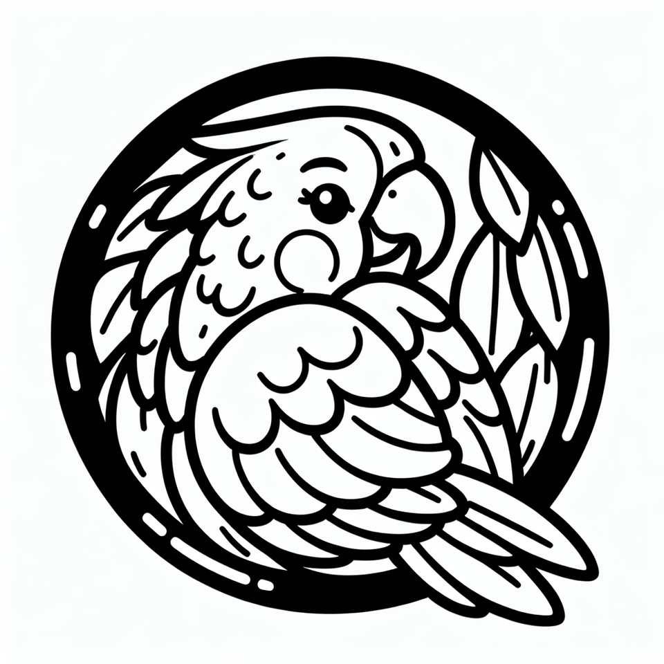 Create an image of a parrot, featuring a black border. The image should be colorless without any shading. This is for a kids' coloring book., illustration text effect image