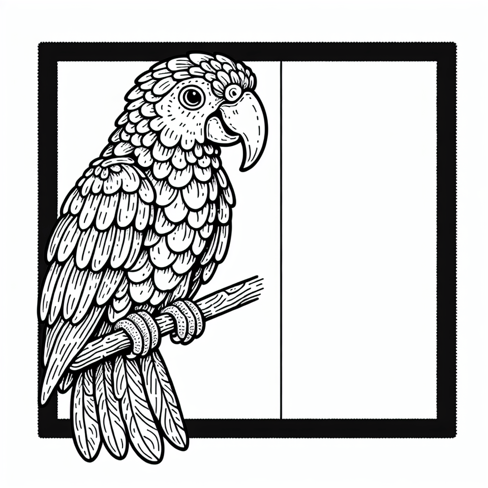 Create an image of a parrot, featuring a black border. The image should be colorless without any shading. This is for a kids' coloring book., illustration text effect image