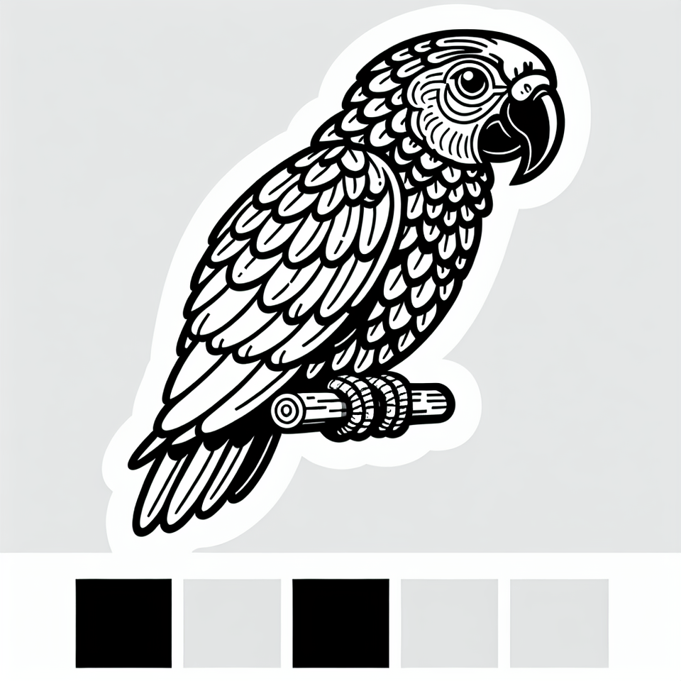 Create an image of a parrot, featuring a black border. The image should be colorless without any shading. This is for a kids' coloring book., illustration text effect image