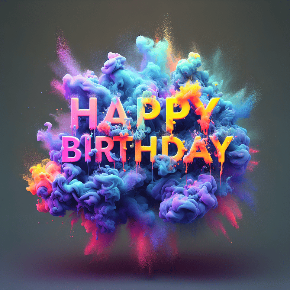 Text Happy birthday colorful splash 3d text and smoky transparent background, Realistic detailed view. text effect image