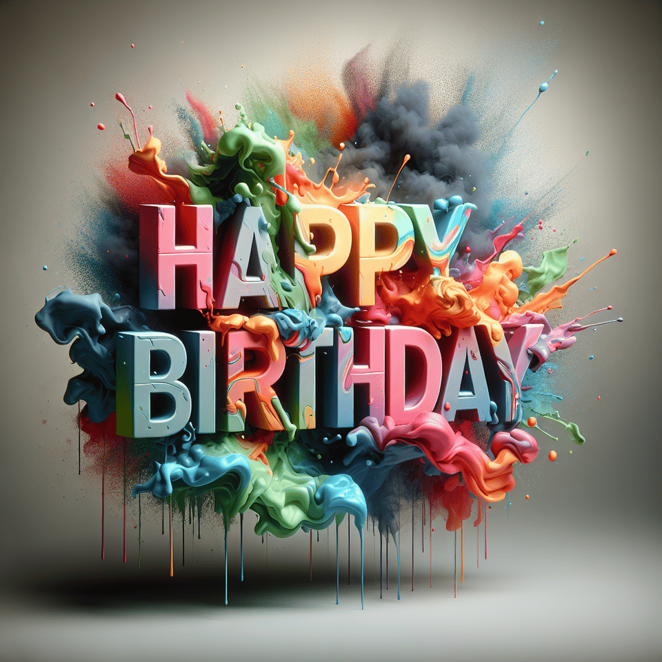 Text Happy Birthday colorful splash 3d text and smoky transparent background, Realistic detailed view. text effect image