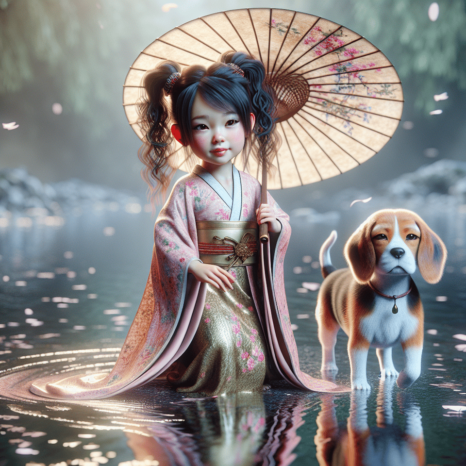 A hyper high quality photorealistic of a gorgeous Thai girl, 4 years old, long curly hair, black with brown highlights tied on two sides with beagle puppy , lovely, dreamful, beautiful geisha holding and dancing her beutiful umbrella and she wearing a very beutiful Asia kimono. 3D, 8D, hyper detailed of everything, plus face, body, emotions and gestures. high quality professional Cinematic 225K, hyper realism,reflections, reflected in the lake below text effect image