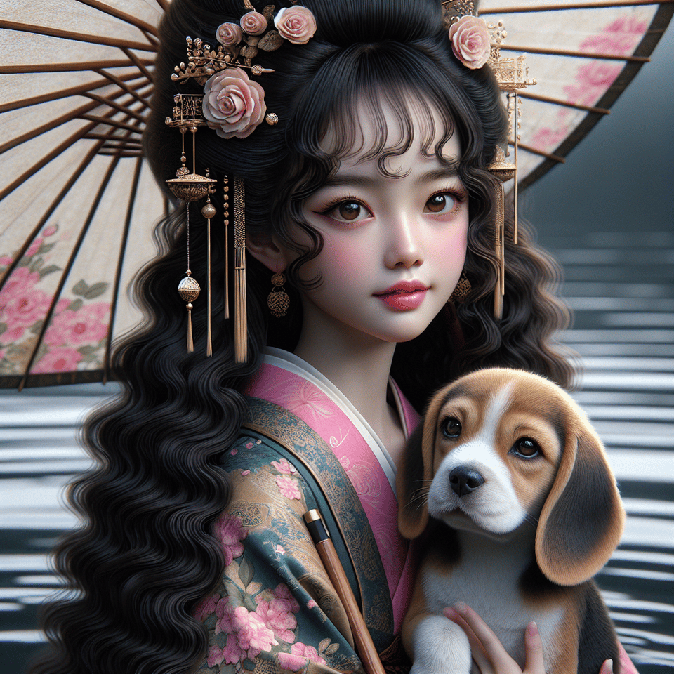 A hyper high quality photorealistic of a gorgeous Thai girl, 4 years old, long curly hair, black with brown highlights tied on two sides with beagle puppy , lovely, dreamful, beautiful geisha holding and dancing her beutiful umbrella and she wearing a very beutiful Asia kimono. 3D, 8D, hyper detailed of everything, plus face, body, emotions and gestures. high quality professional Cinematic 225K, hyper realism,reflections, reflected in the lake below, typography, photo, illustration, poster, cinematic, 3d render text effect image