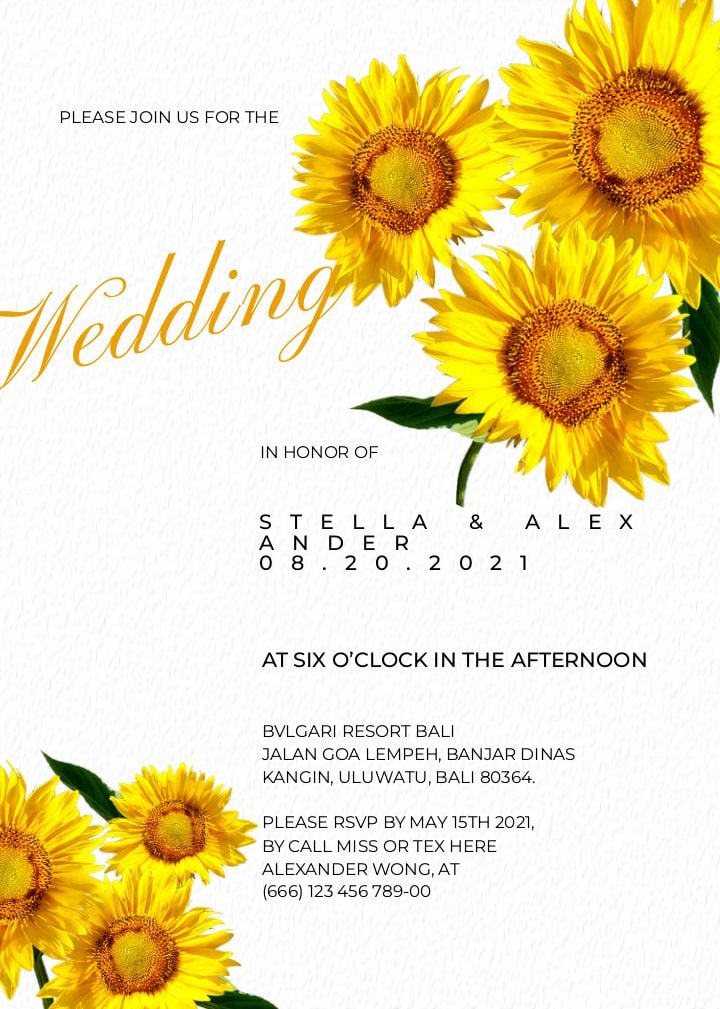 sunflower themed wedding invitation embracing fashionable modernism with warm and sunny color elements