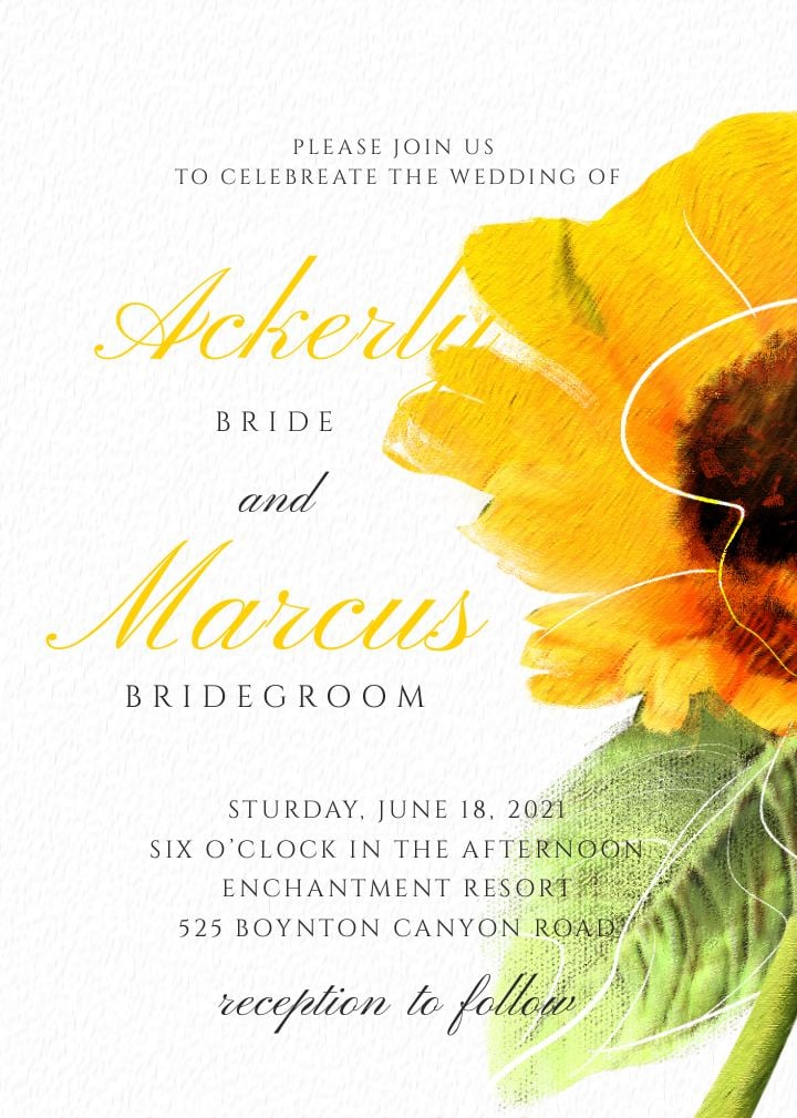 invitation to a wedding with abstract hand drawn line art of a sunflower blossom infused with fashionable elegance