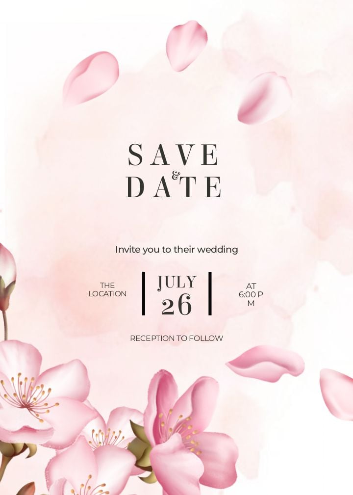double-sided wedding invitation featuring pink watercolor abstract art with cherry blossom design