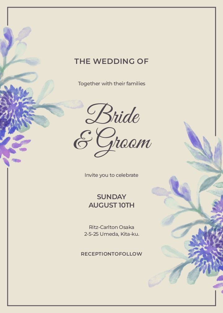 elegant purple watercolor floral wedding invitation with a minimalistic frame