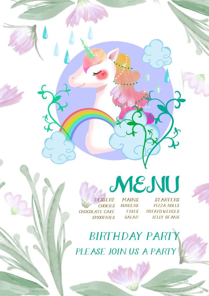 artistic simplified menu for a whimsical unicorn-themed birthday celebration