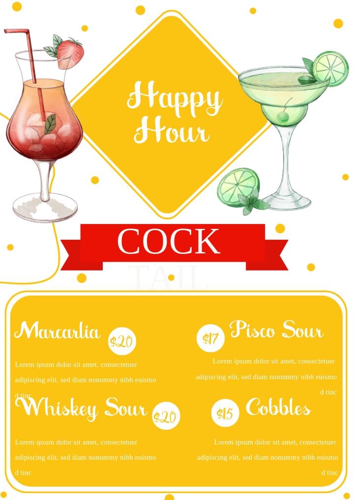 a cocktail menu with yellow geometric design