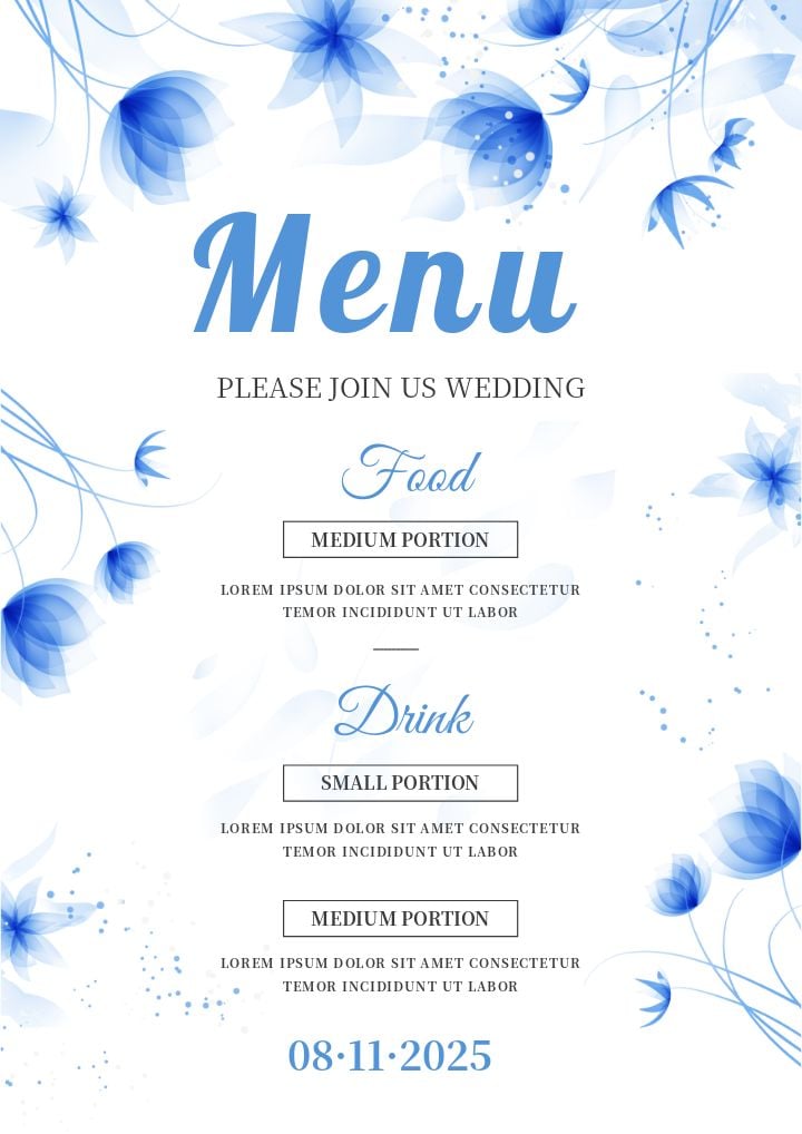 abstract blue floral wedding menu