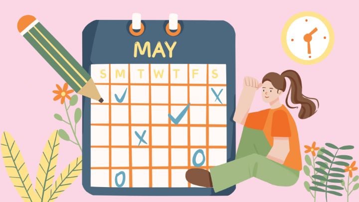 adorable cartoon-style online calendar with woman alarm clock and plant decorations
