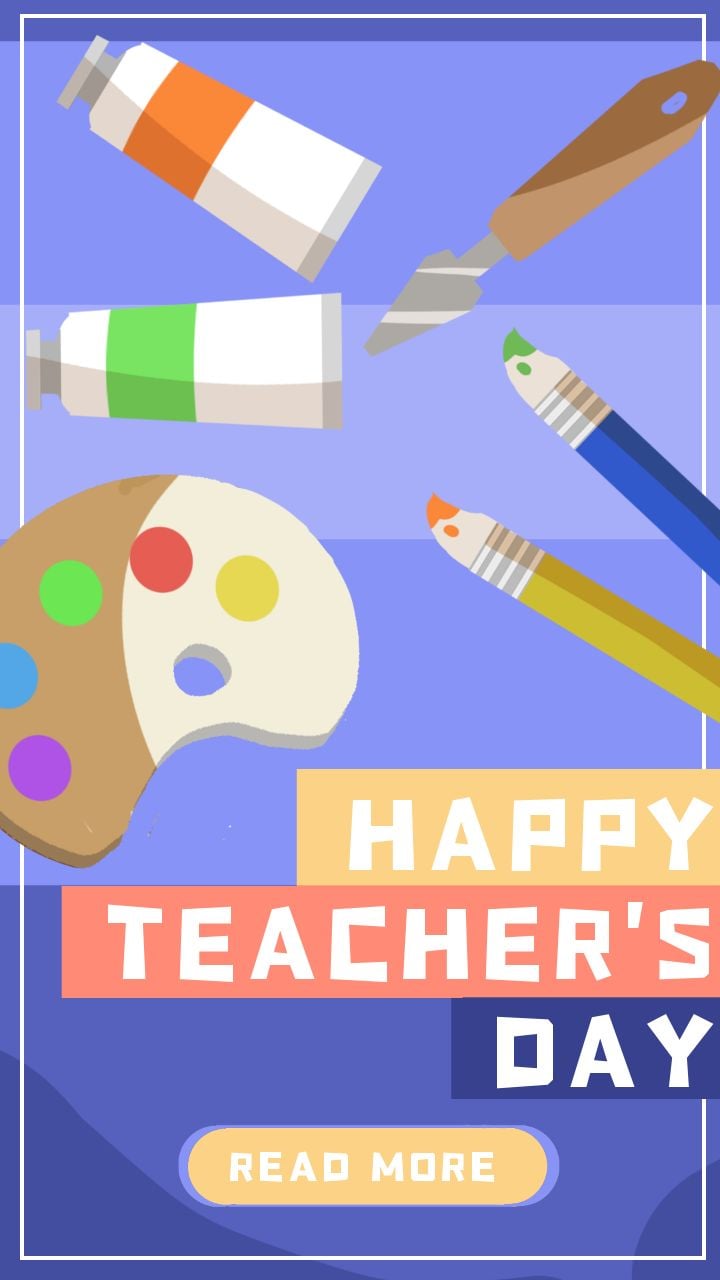 blue poster featuring school supplies for teacher's day