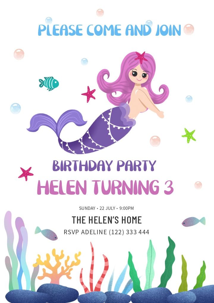cartoon birthday invitation featuring mermaid watercolor art