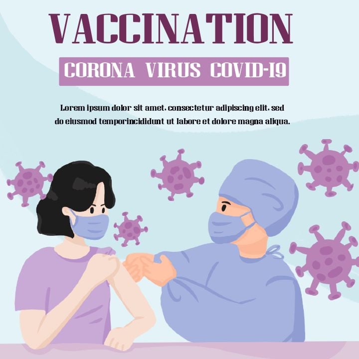 cartoon illustration of a blue coronavirus vaccine injection for social media networking sites