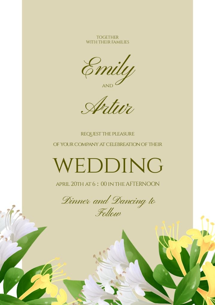 chic watercolor honeysuckle floral wedding invitation with elegant frame