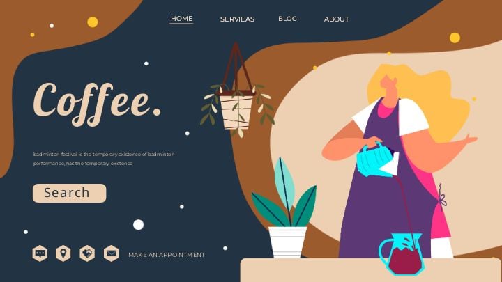creative brown banner featuring a cartoon barista for landing page illustration