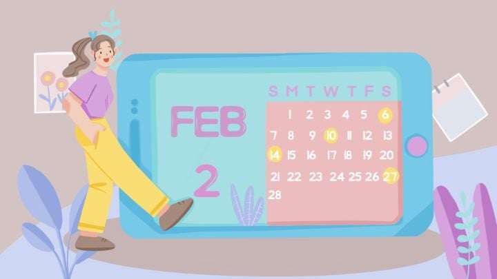 cute cartoon woman concept with plant purple and blue online calendar banner