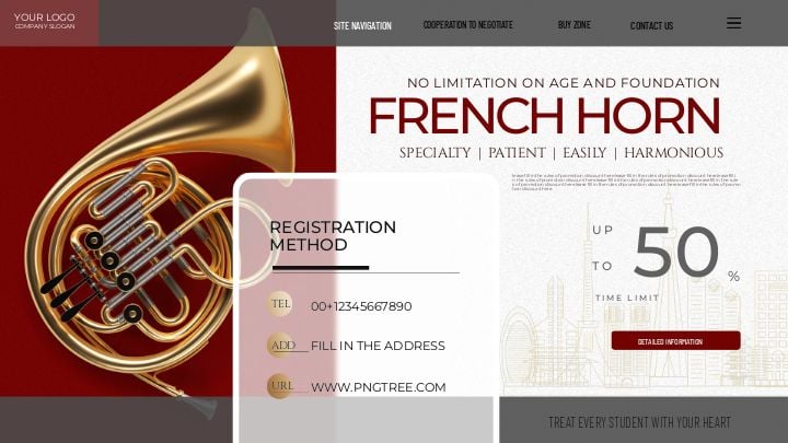 french horn training class promotion website featuring transparent splicing matte texture