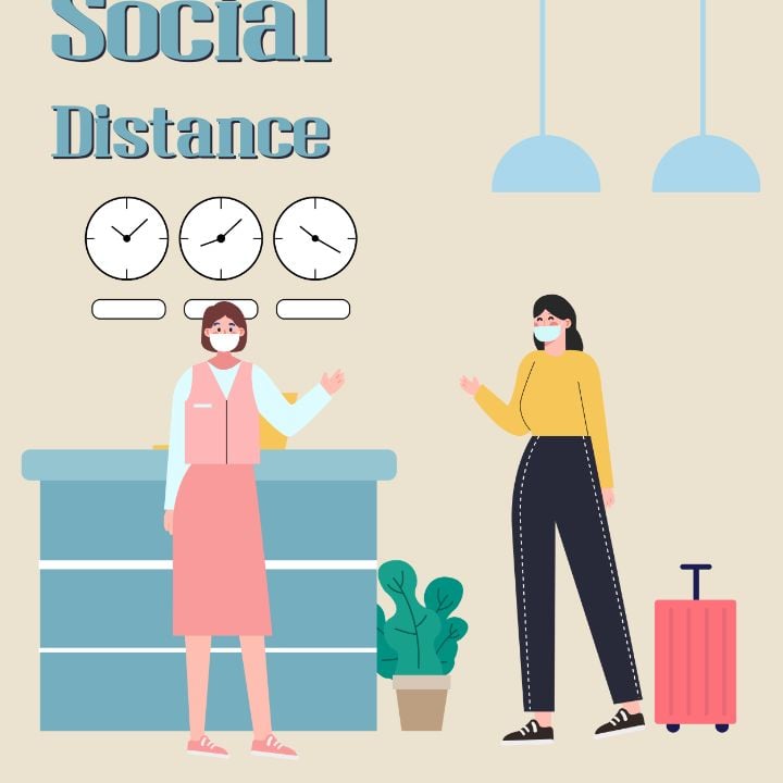 instagram post cartoon attendees and passengers sporting masks maintain social distances
